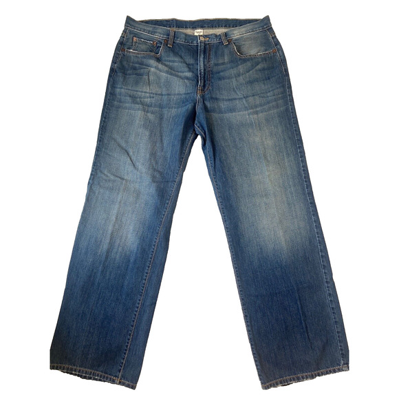 Lucky Brand Jeans Mens 38x32 Blue Straight Preppy Dark Wash Stretch Denim Fading - Picture 1 of 16